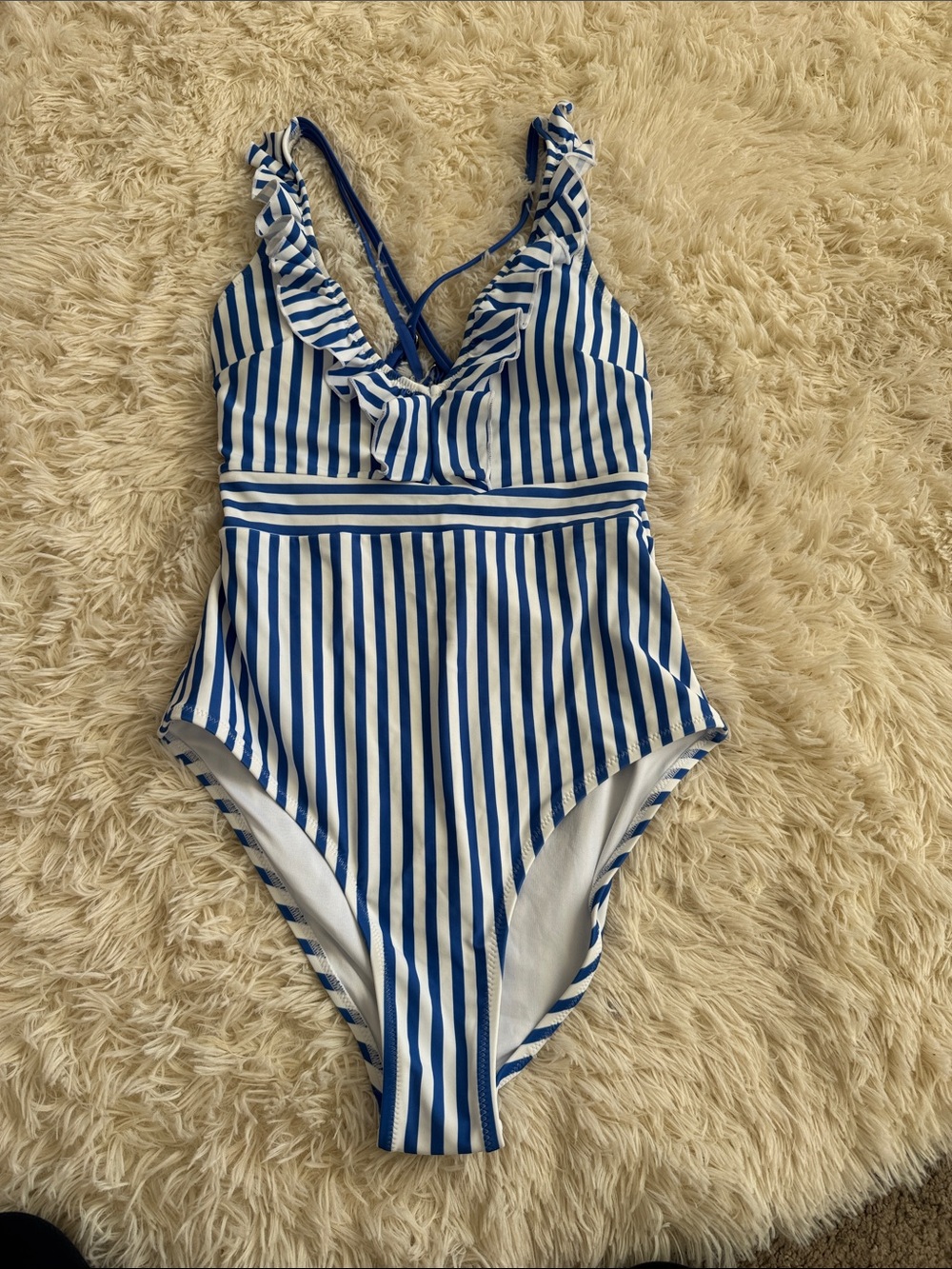 Cupshe Blue and White Vertical Stripe Ruffle One-Piece Swimsuit